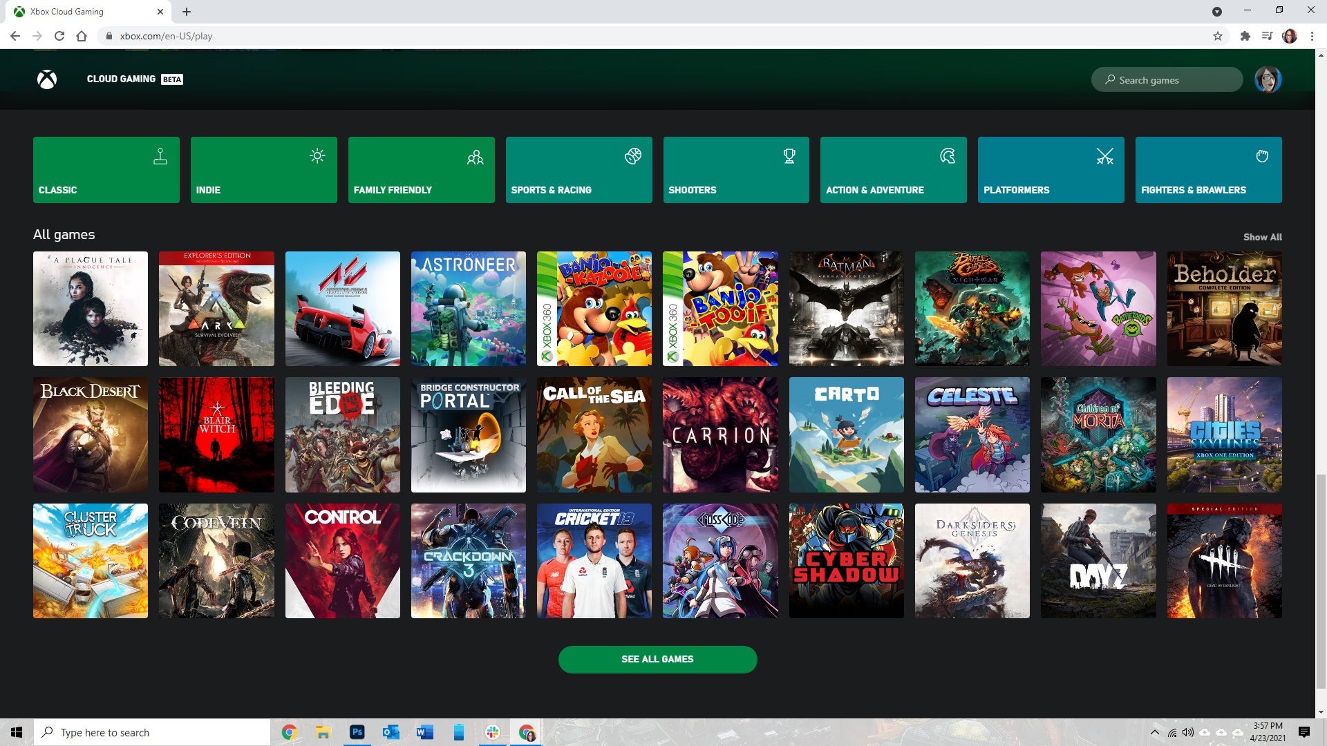 Xbox Cloud Gaming in Google Chrome on Windows 10.