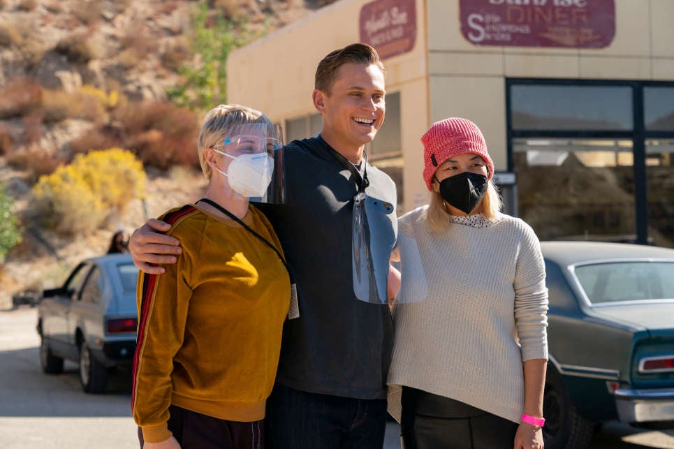 Alissa Nutting, Billy Magnussen, and Christina Lee on the set of Made for Love.