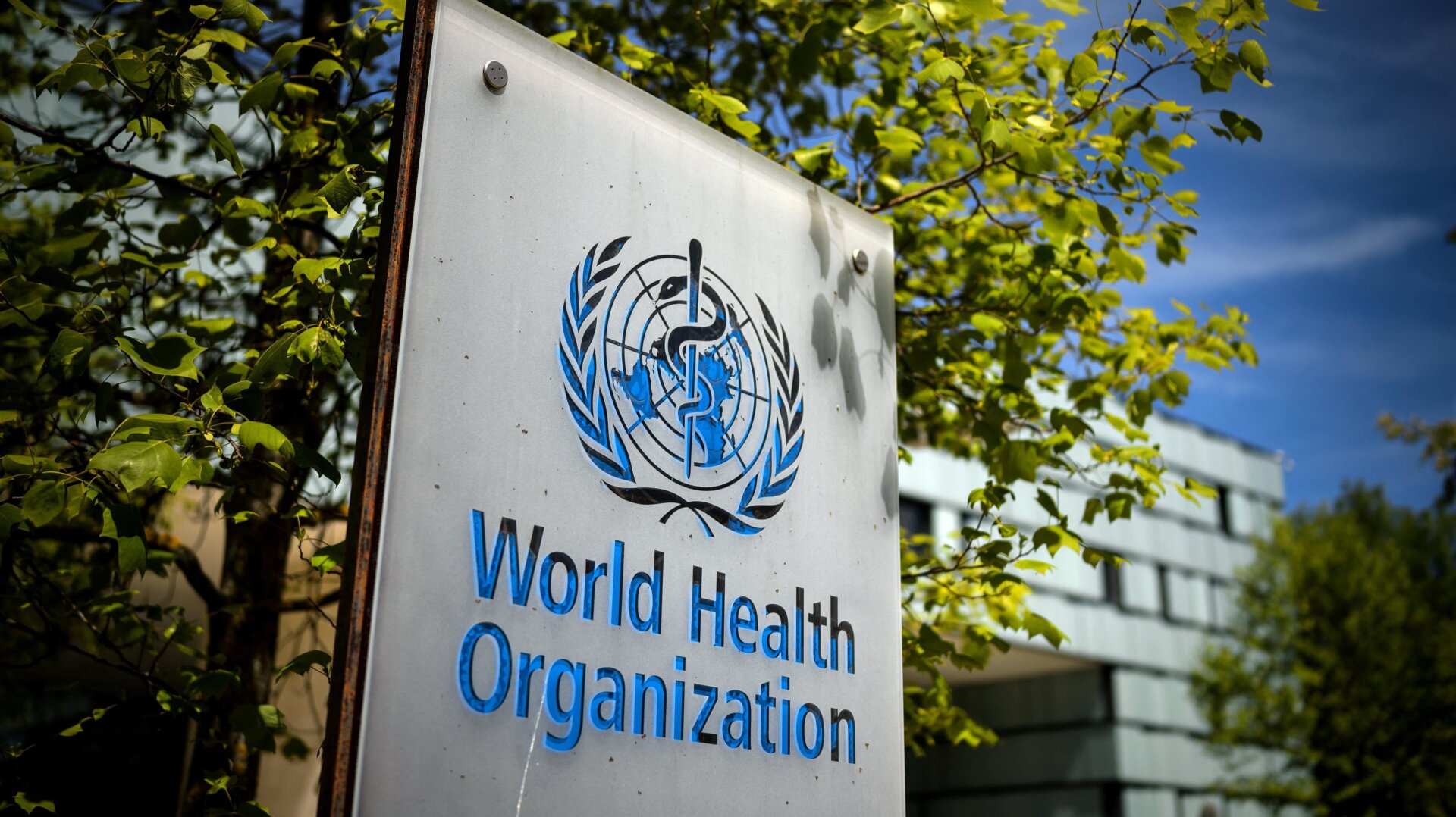 A sign of the World Health Organization (WHO) at the entrance of their headquarters in Geneva, Switzerland