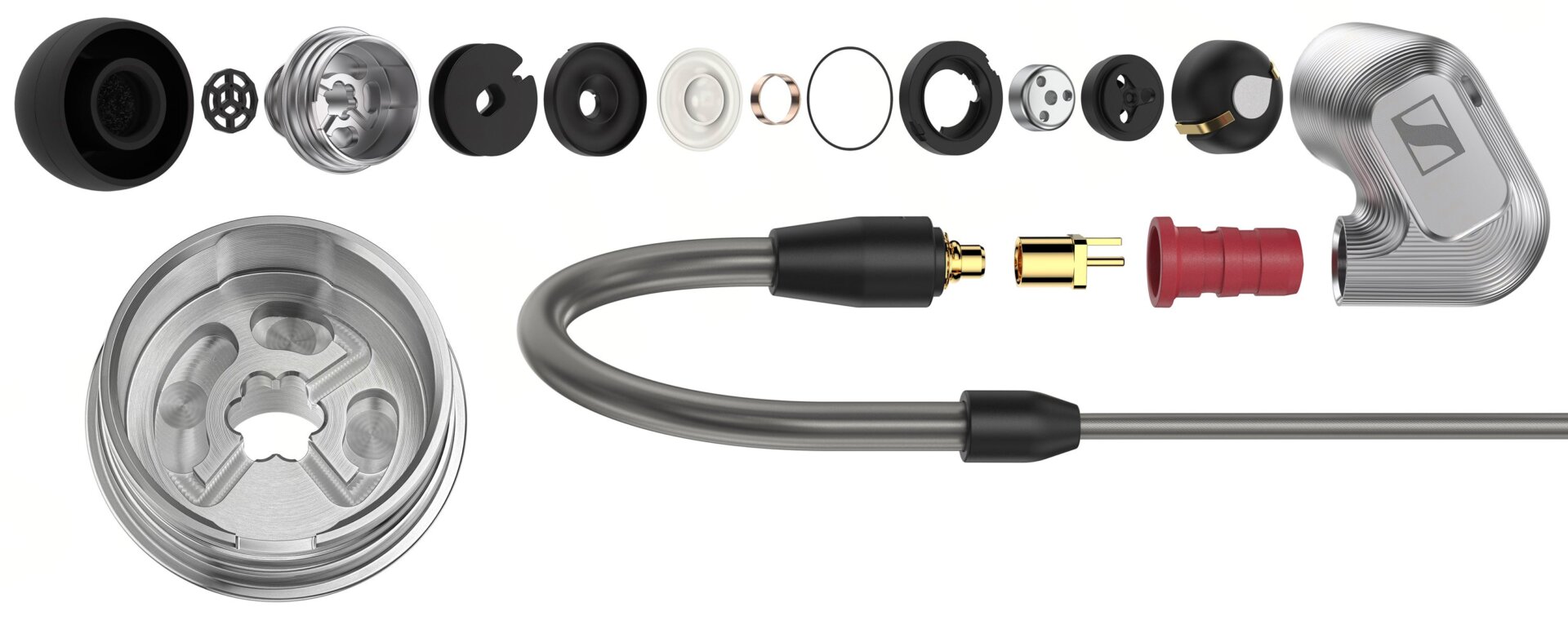 An exploded view of the dampening chambers inside the IE 900, as well as the components that make up the new driver Sennheiser developed for them.