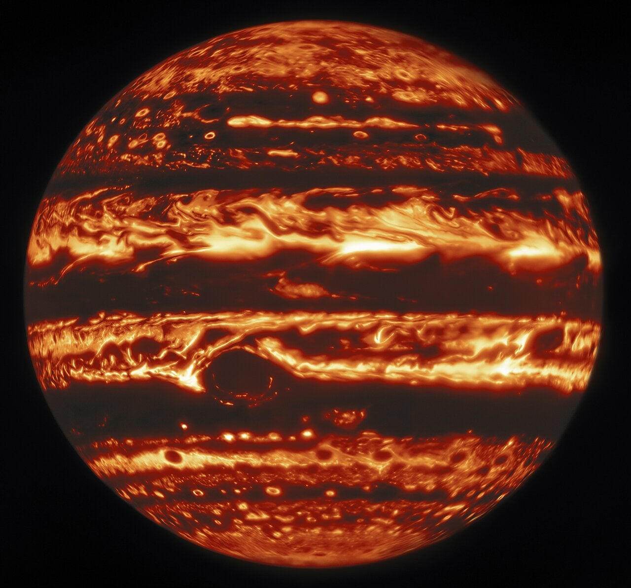Viewed in infrared wavelengths, the gas giant looks like a hell world.