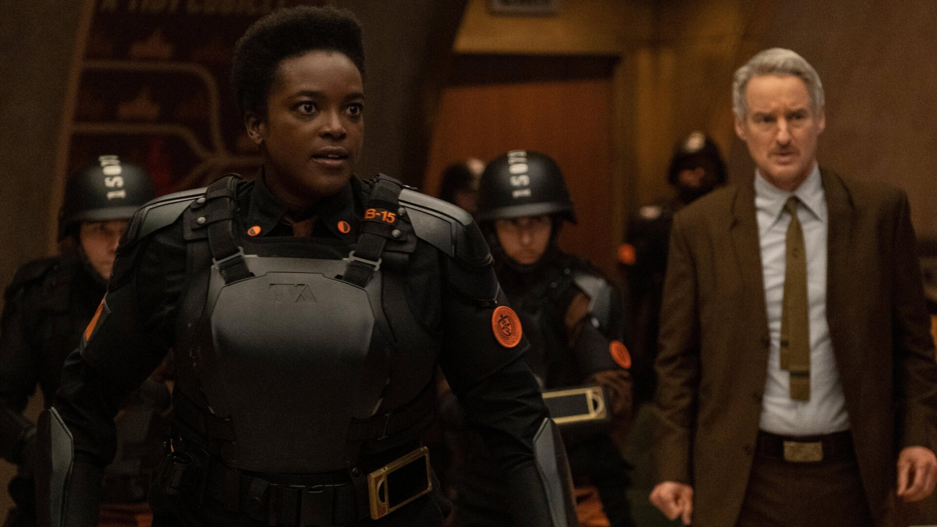 Wunmi Mosaku (as Hunter B-15) and Owen Wilson (as Mobius) in Marvel and Disney+’s Loki.