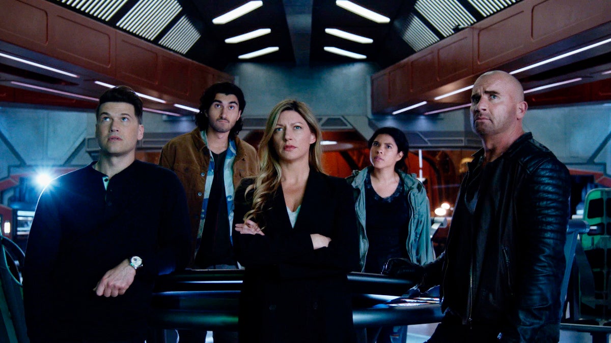 Nick Zano as Nate Heywood, Shayan Sobhian as Behrad, Jes Macallan as Ava, Lisseth Chavez as Esperanza “Spooner” Cruz and Dominic Purcell as Mick Rory on Legends of Tomorrow.