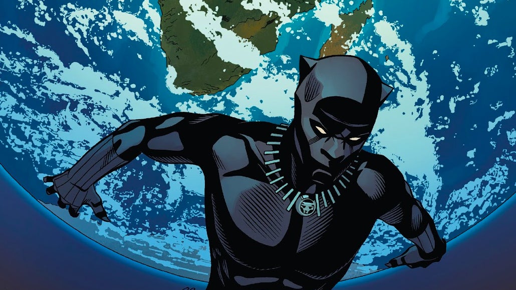 T’Challa carrying the world on his back on the cover of Black Panther #18.