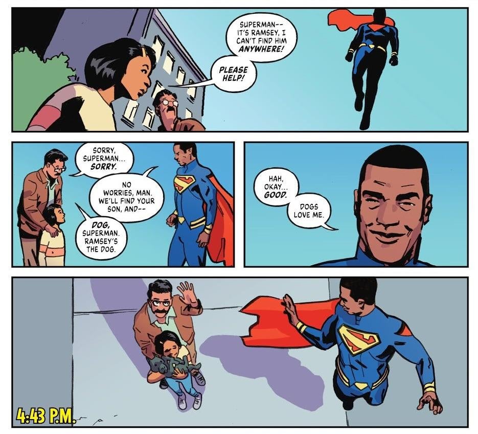 Superman coming down to help a family find their dog.