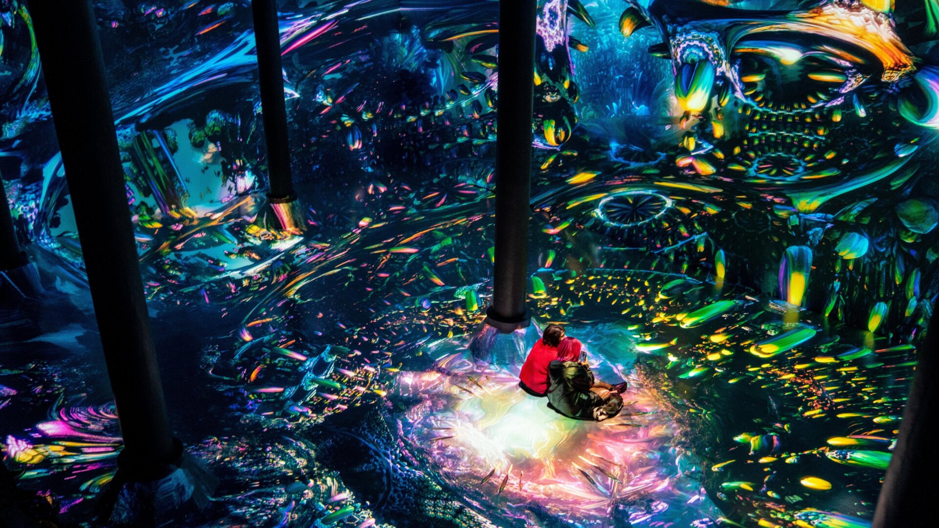 Two people sit in an immersive art installation by Julius Horsthuis on March 5, 2021 in New York City.
