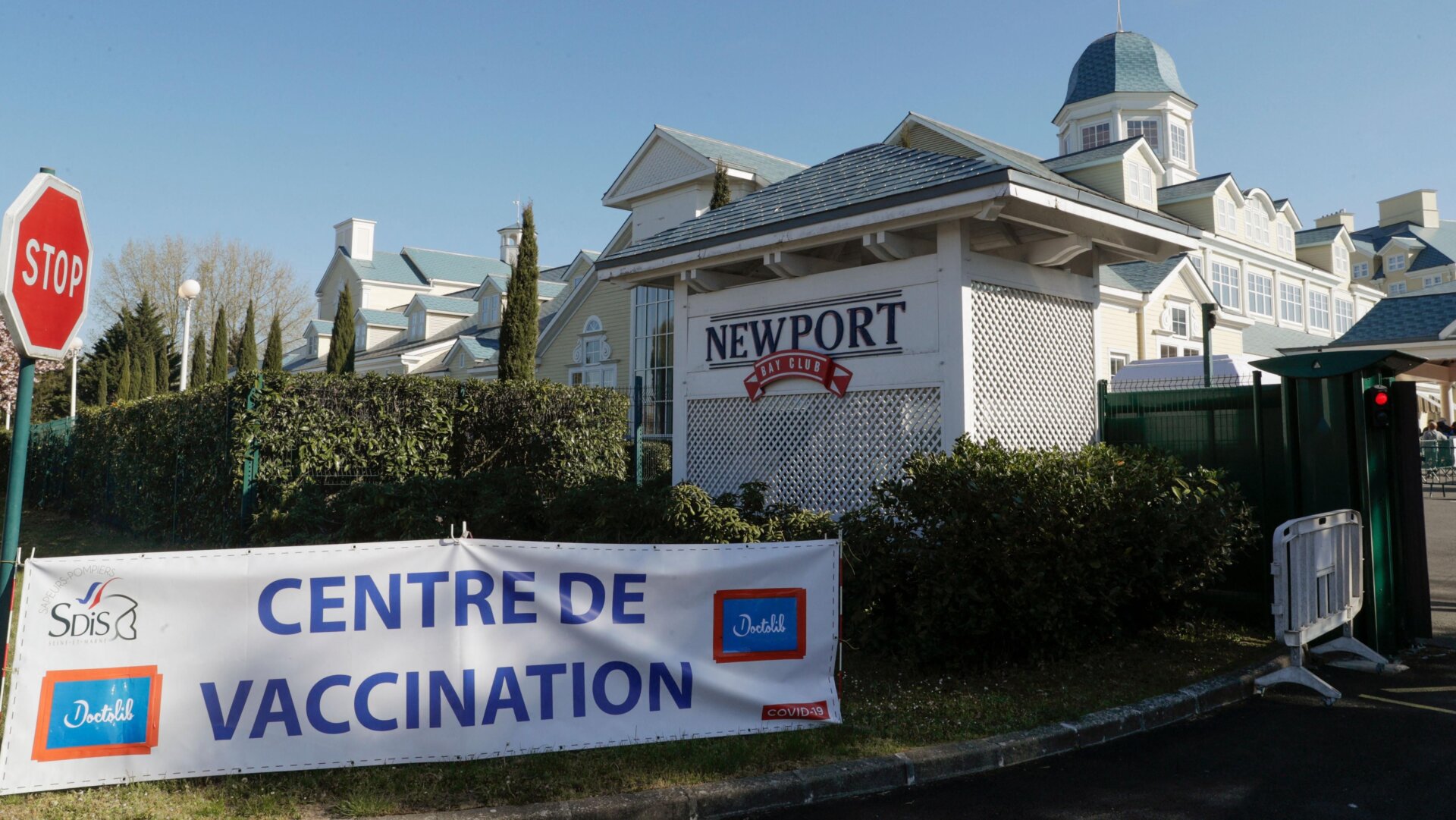 The entrance of a vaccination center against the coronavirus at Disneyland Paris in Coupvray on April 24, 2021.