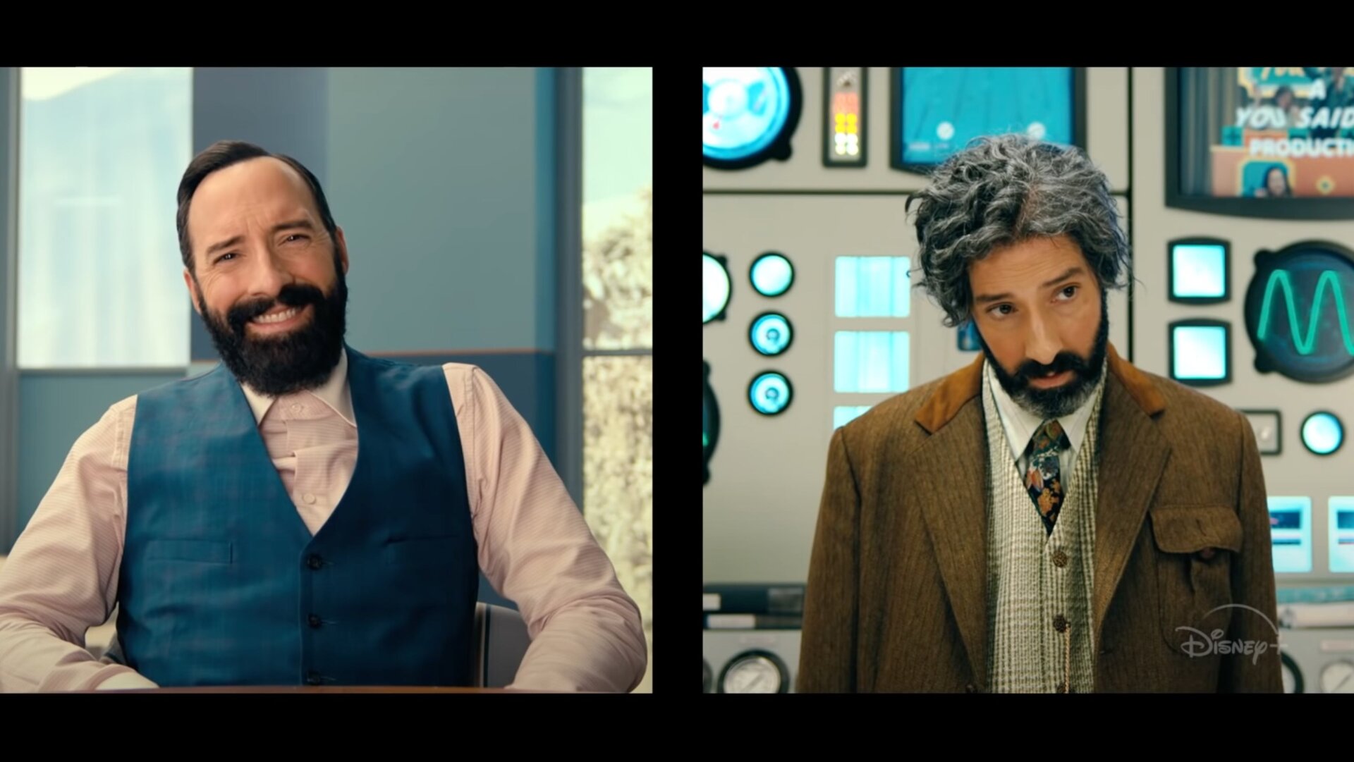 L-to-r: Tony Hale as Dr. Curtain and Tony Hale as Mr. Benedict.