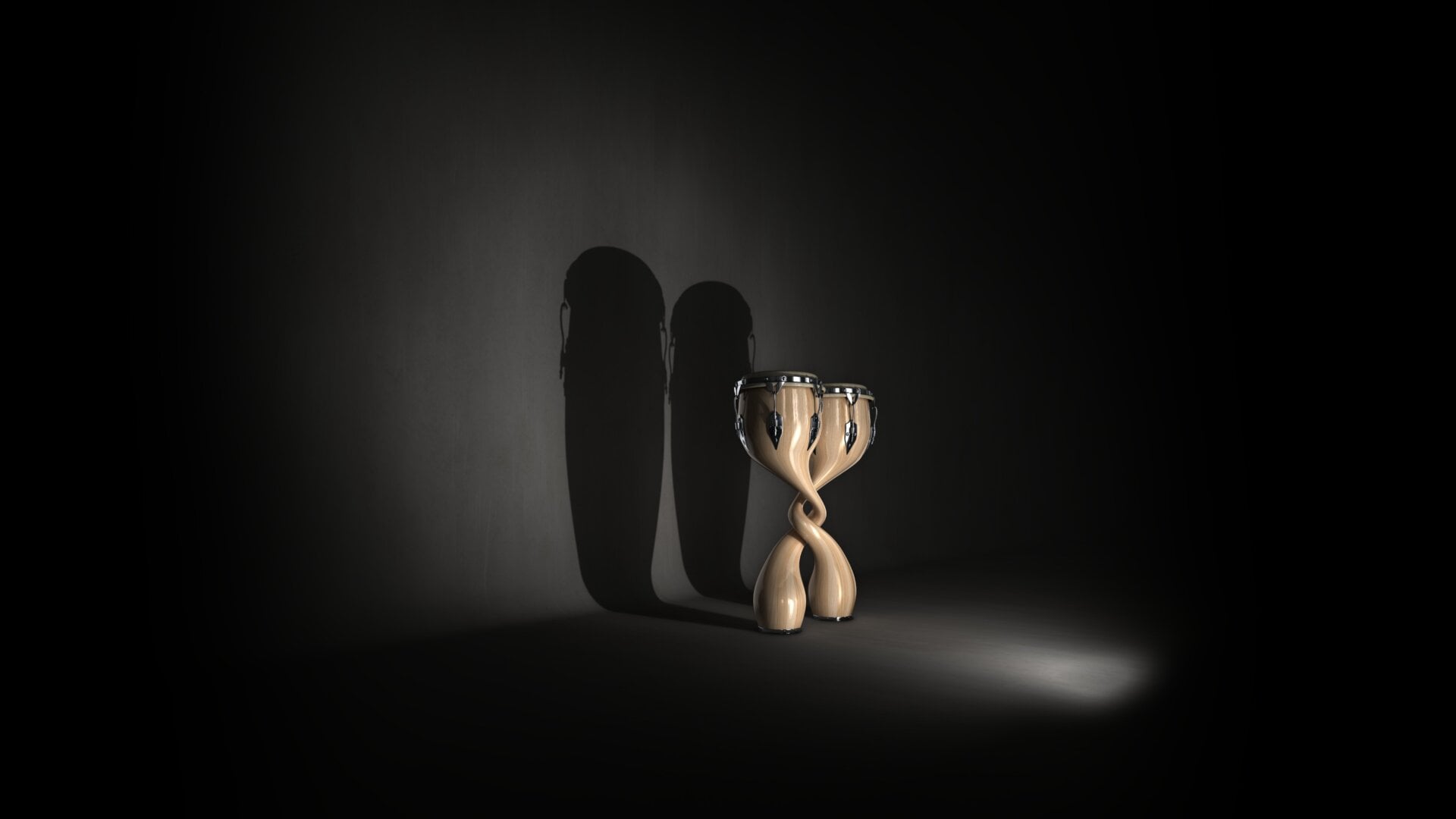 Entanglement causes two separated objects to behave as though they are connected, illustrated here as two conga drums twisted around each other. However, as the researchers measure each drum’s position, they appear to act independently—shown here as the two drums’ separated shadows. To confirm the drums are entangled, the researchers must measure the drum position many times and examine the statistics.