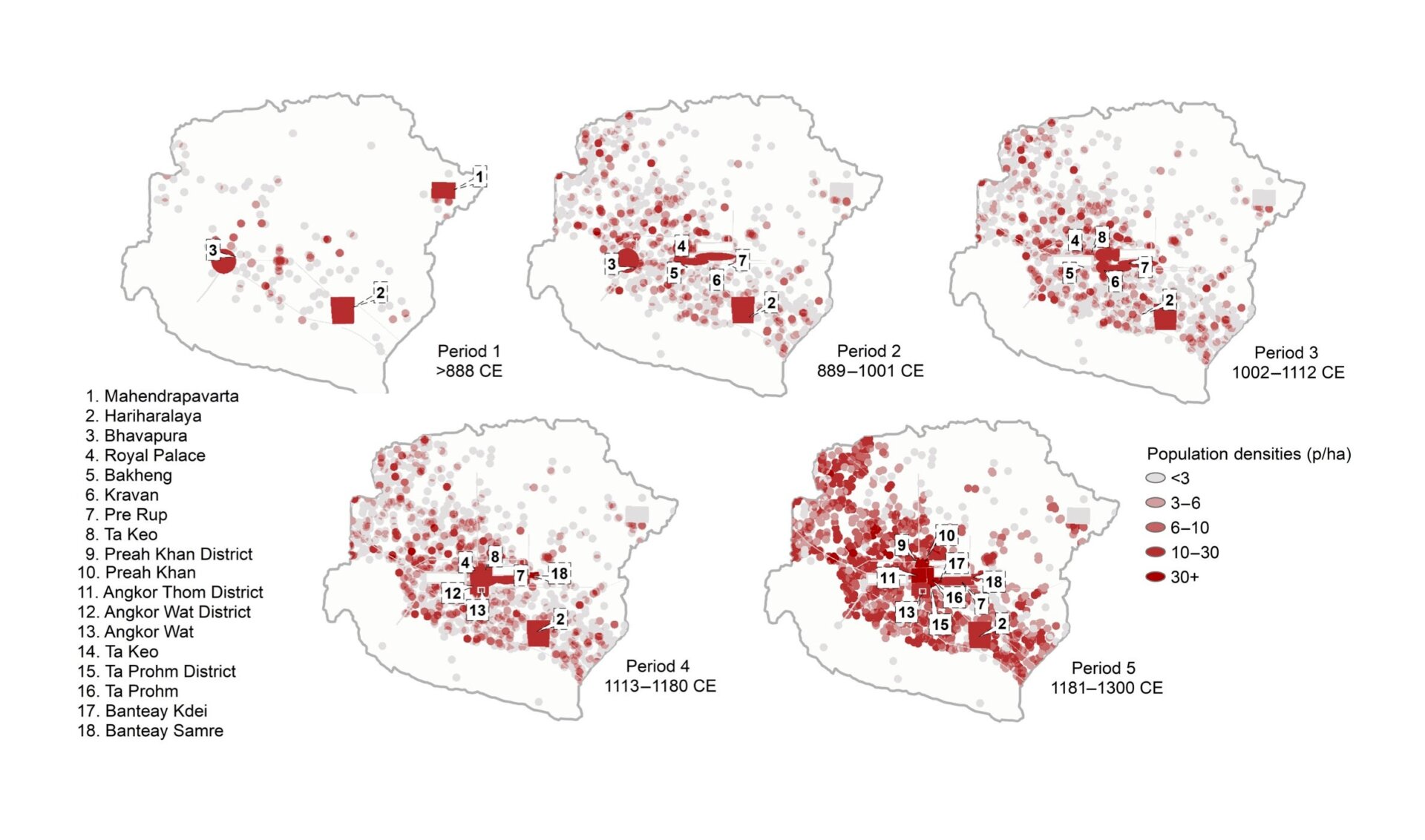 Densities of people per hectare in the Greater Angkor Region over time. 