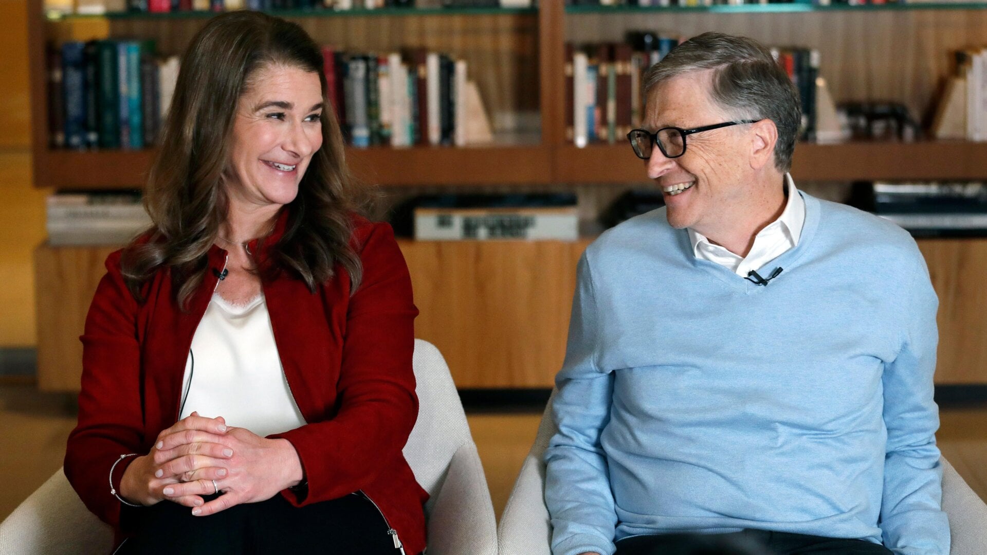 In this Feb. 1, 2019 file photo, Bill and Melinda Gates smile at each other during an interview in Kirkland, Wash.