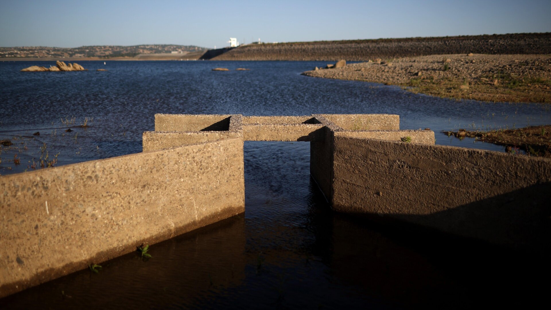 A concrete structure that is usually under water is visible at Folsom Lake on May 10, 2021 in Granite Bay, California. 