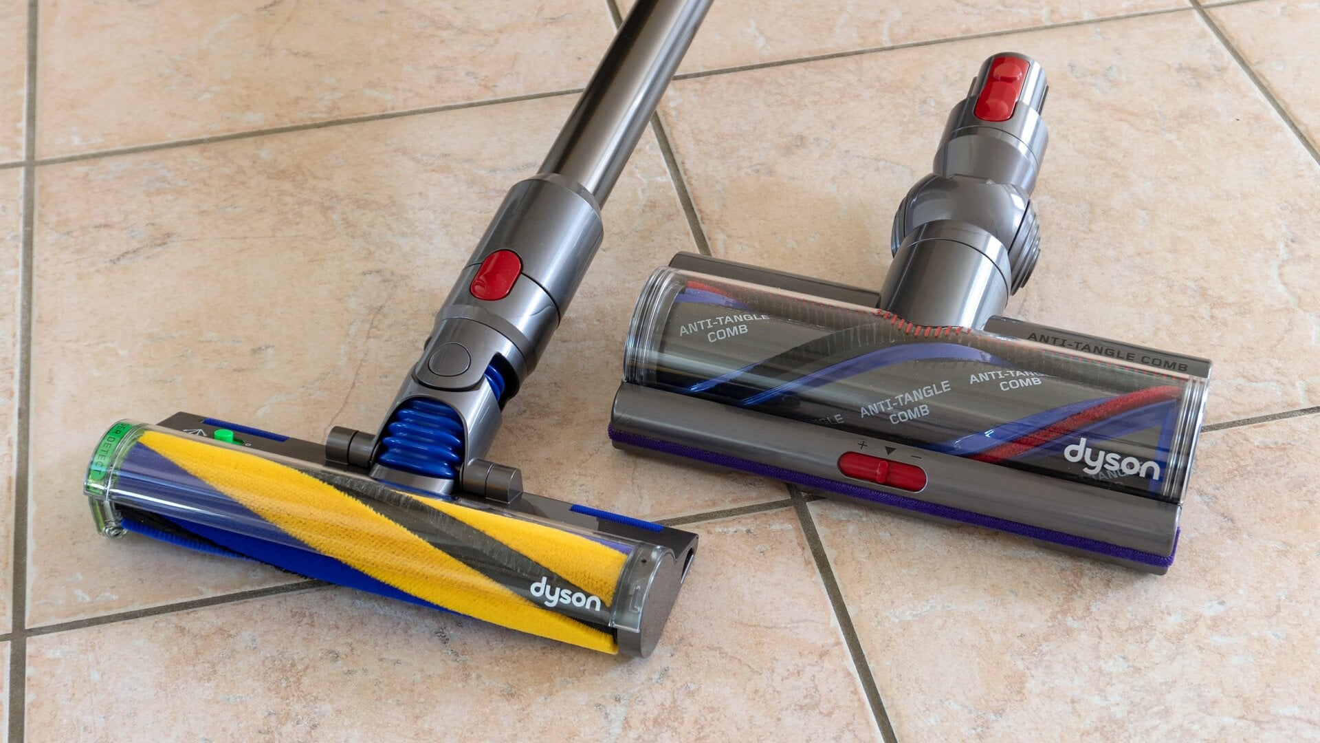 Two floor cleaning heads are included with the Dyson V15 Detect, one for hardwood and tile floors, and one for rugs and carpets.