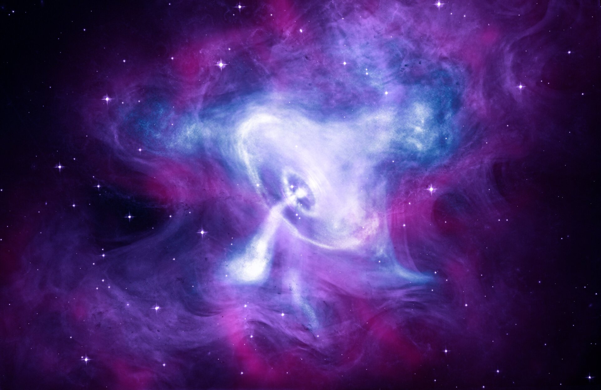 A 2018 composite image of the Crab Nebula, made with data from the Chandra X-ray Observatory, the Hubble Space Telescope, and the Spitzer Space Telescope.