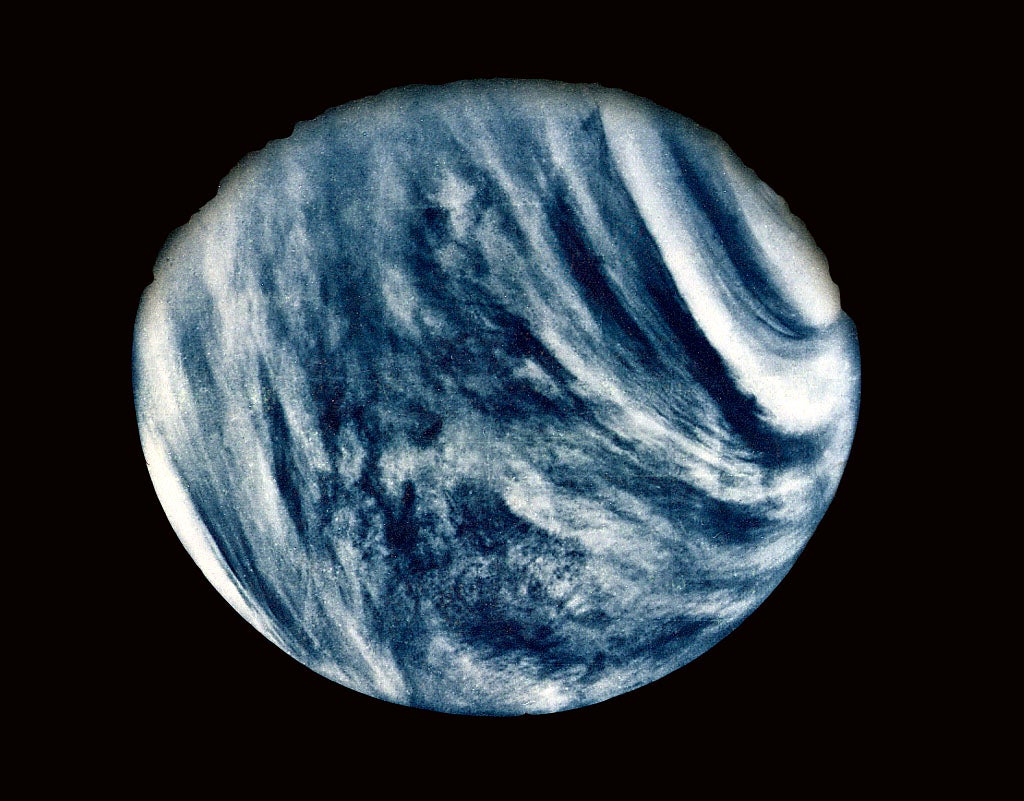 Venus imaged in ultraviolet by Mariner 10 in 1974, its thick, cloudy atmosphere obvious.