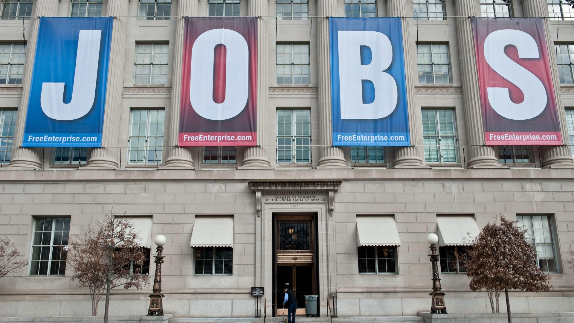 A banner hangs on the facade of the US Chamber of Commerce building in Washington, DC.
