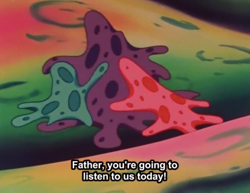 A family of three formless beings fighting.