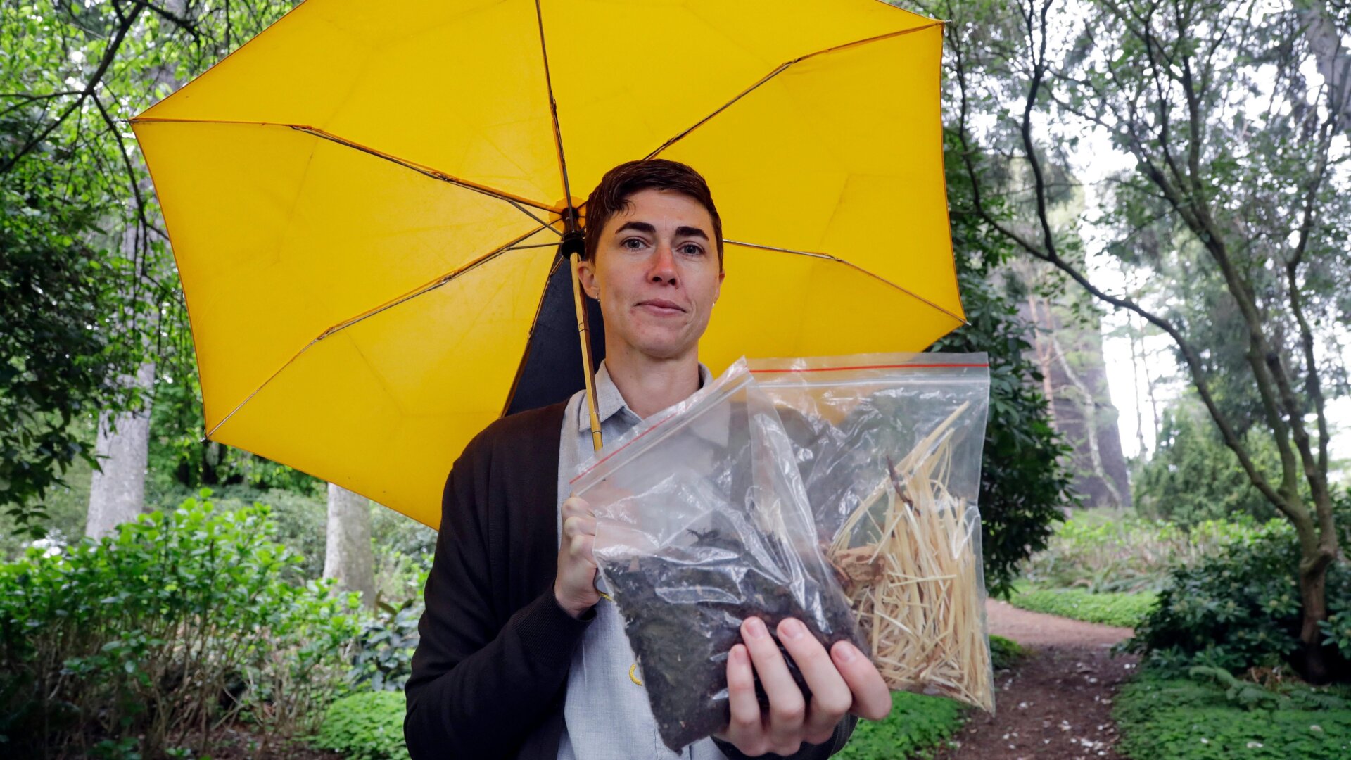 Katrina Spade, the founder and CEO of Recompose, displays a sample of the compost material left from the decomposition of a cow, left, and some of the combination of wood chips, alfalfa, and straw used in the process.