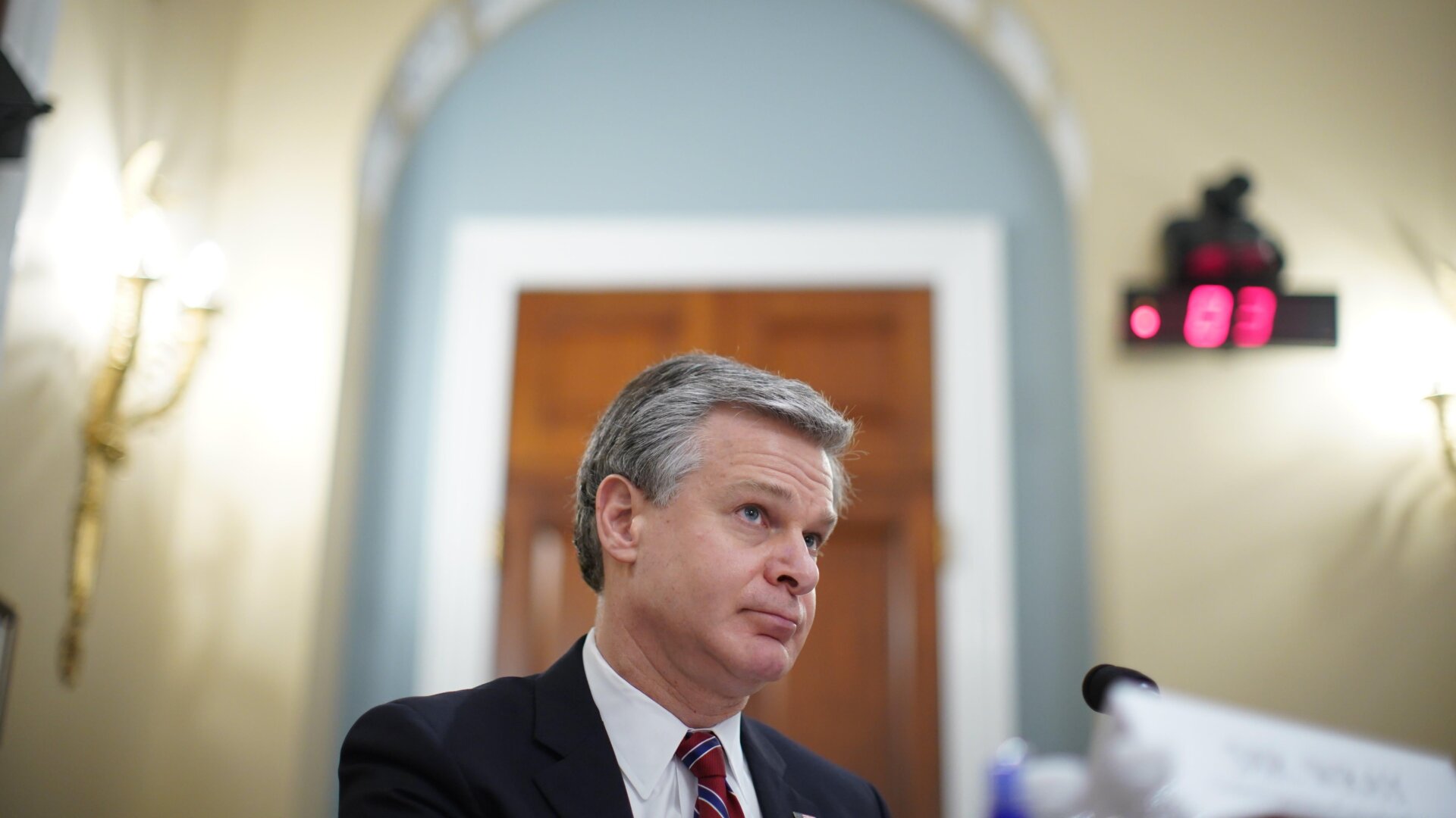 Christopher Wray, director of the Federal Bureau of Investigation (FBI), pauses during a House Intelligence Committee hearing on April 15, 2021 in Washington, D.C.
