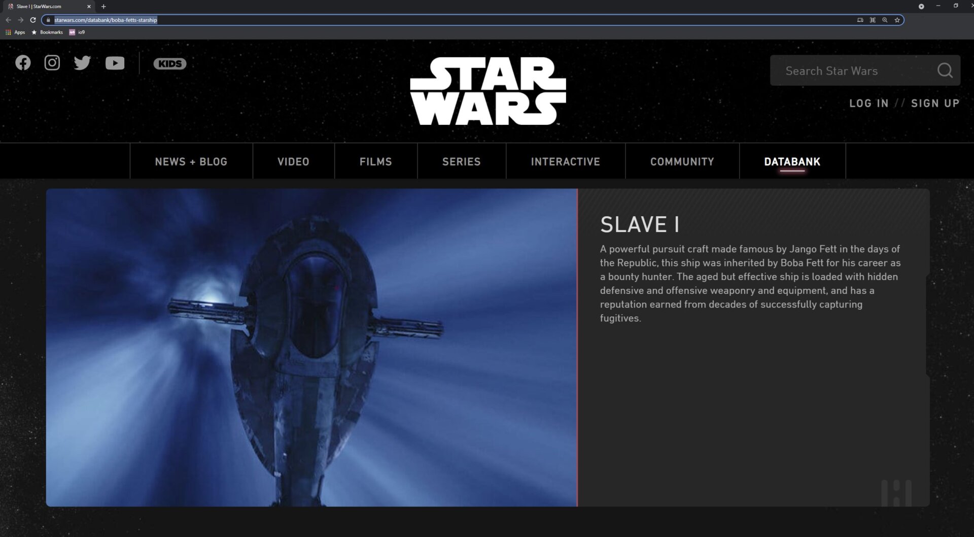 Slave 1's entry on the official Star Wars website databank. Note the highlighted URL, which reads “Boba Fett’s Starship”.