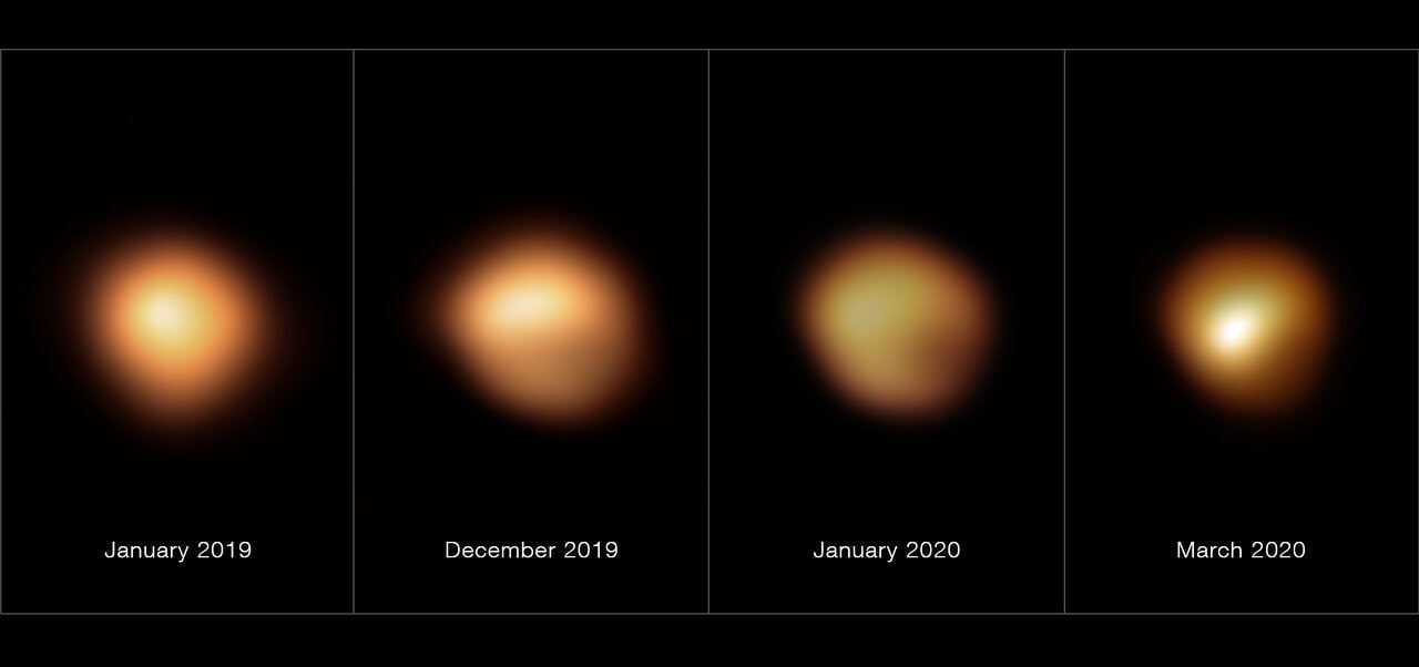 SPHERE images showing Betelgeuse’s surface before and during its 2019-2020 Great Dimming.