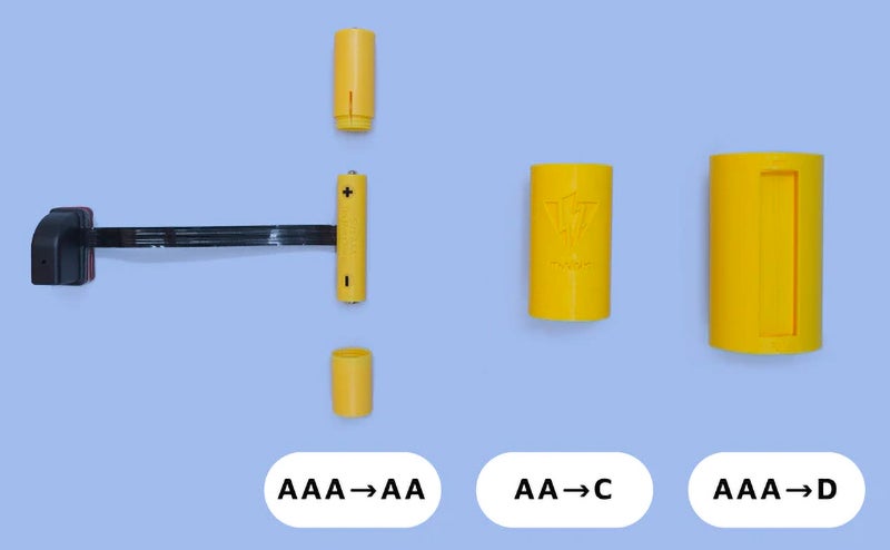 Using removable housings, the ReVolt adapter can be used in devices powered by AAA, AA, C, and D-sized batteries.