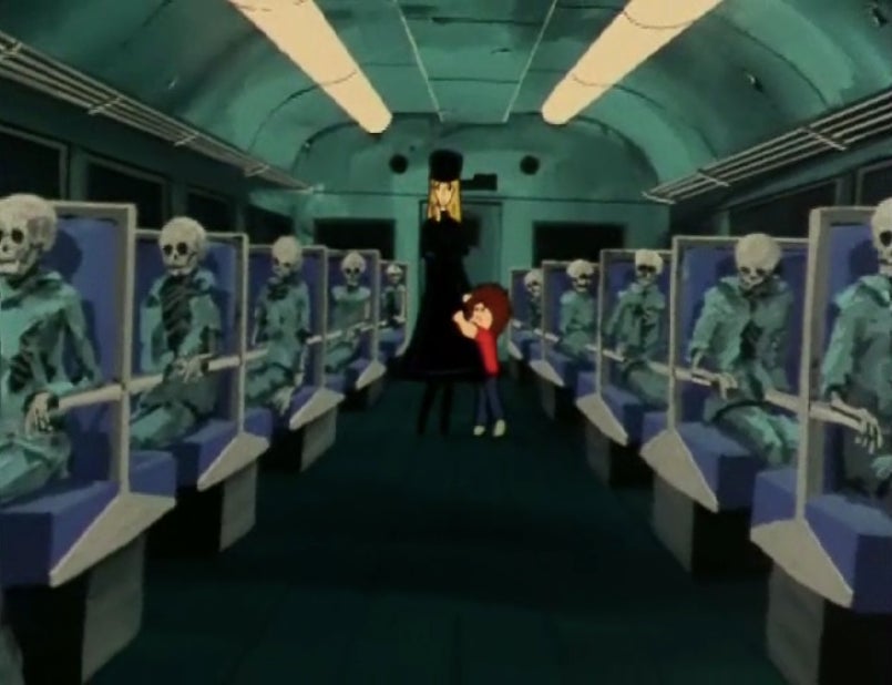 Maetel and Tetsuro discovering a train full of dead passengers.