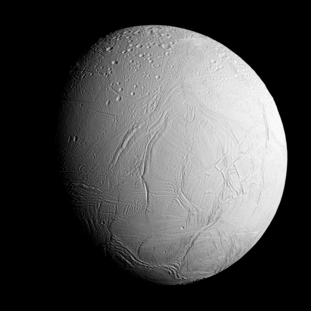 A visible light image of Enceladus taken by the Cassini spacecraft in 2015.
