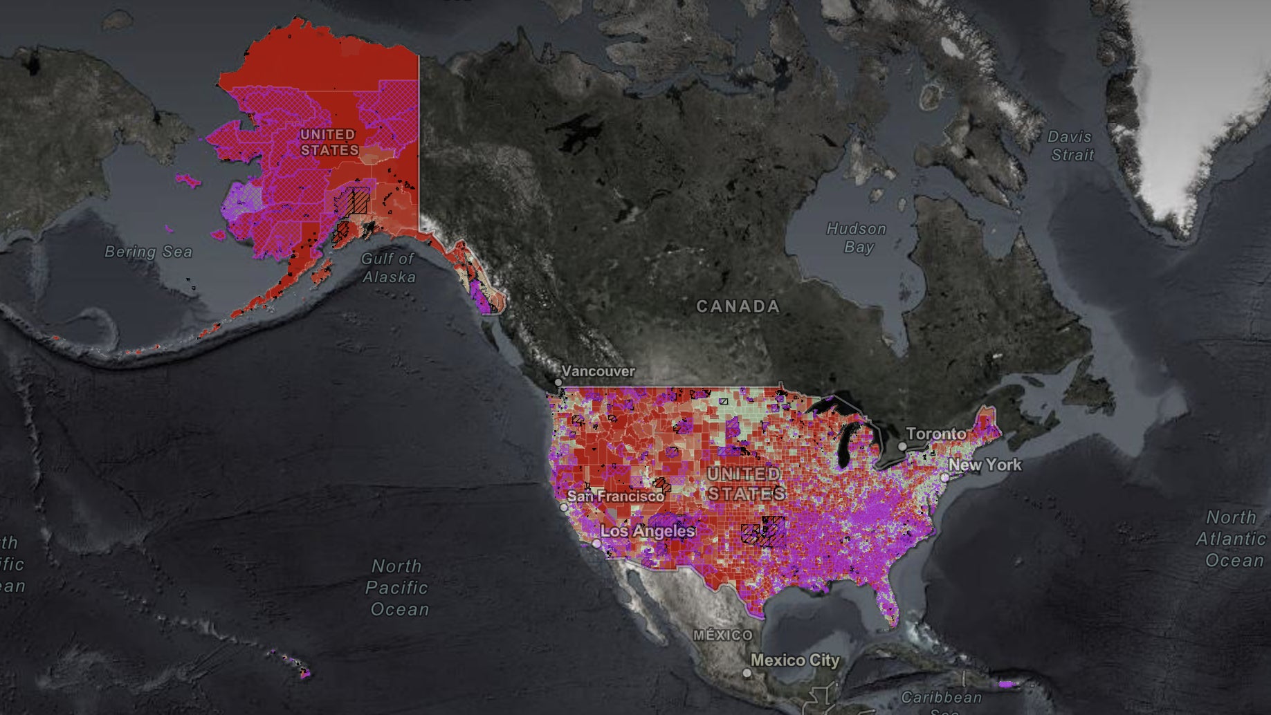 The pink areas are areas with high levels of poverty. The outline black areas are tribal lands. And, as we noted, the red areas are where the median broadband speeds are below 25/3 Mbps.