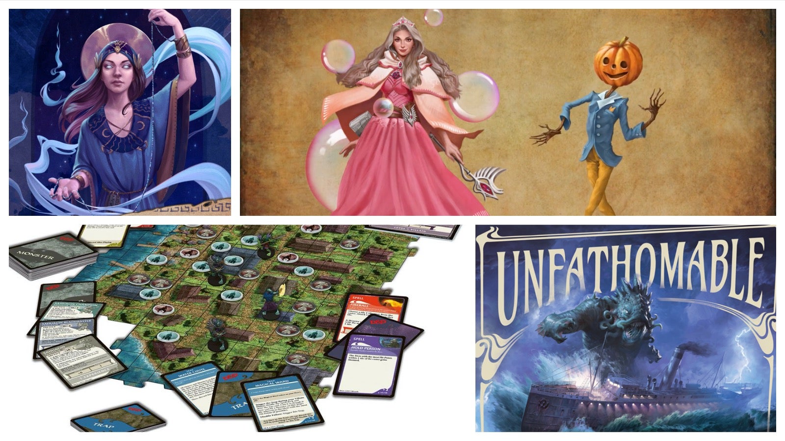 Clockwise from left: The Oracle Story Generator, Adventures in Oz, Unfathomable, and Ghosts of Saltmarsh board game.
