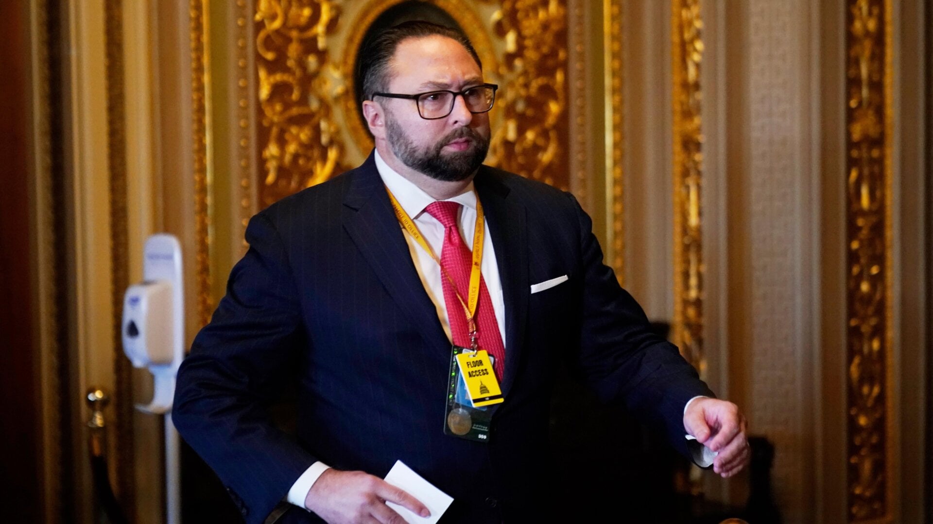 Trump aide Jason Miller at the U.S. Capitol on Feb. 9, 2021.