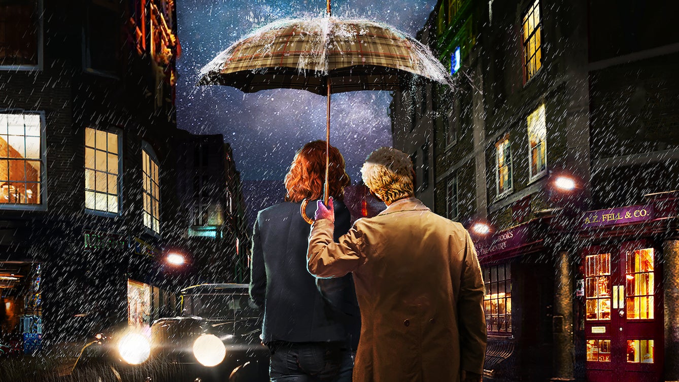 Crowley and Aziraphale standing together in Soho.