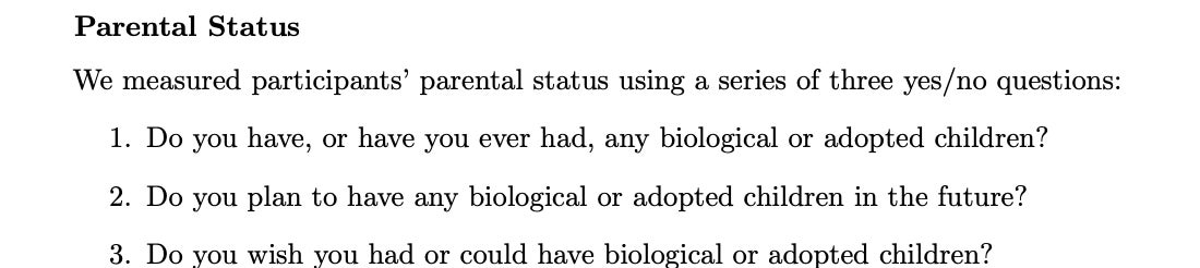 The simple questions used in the survey to gauge a person’s stance on having children.