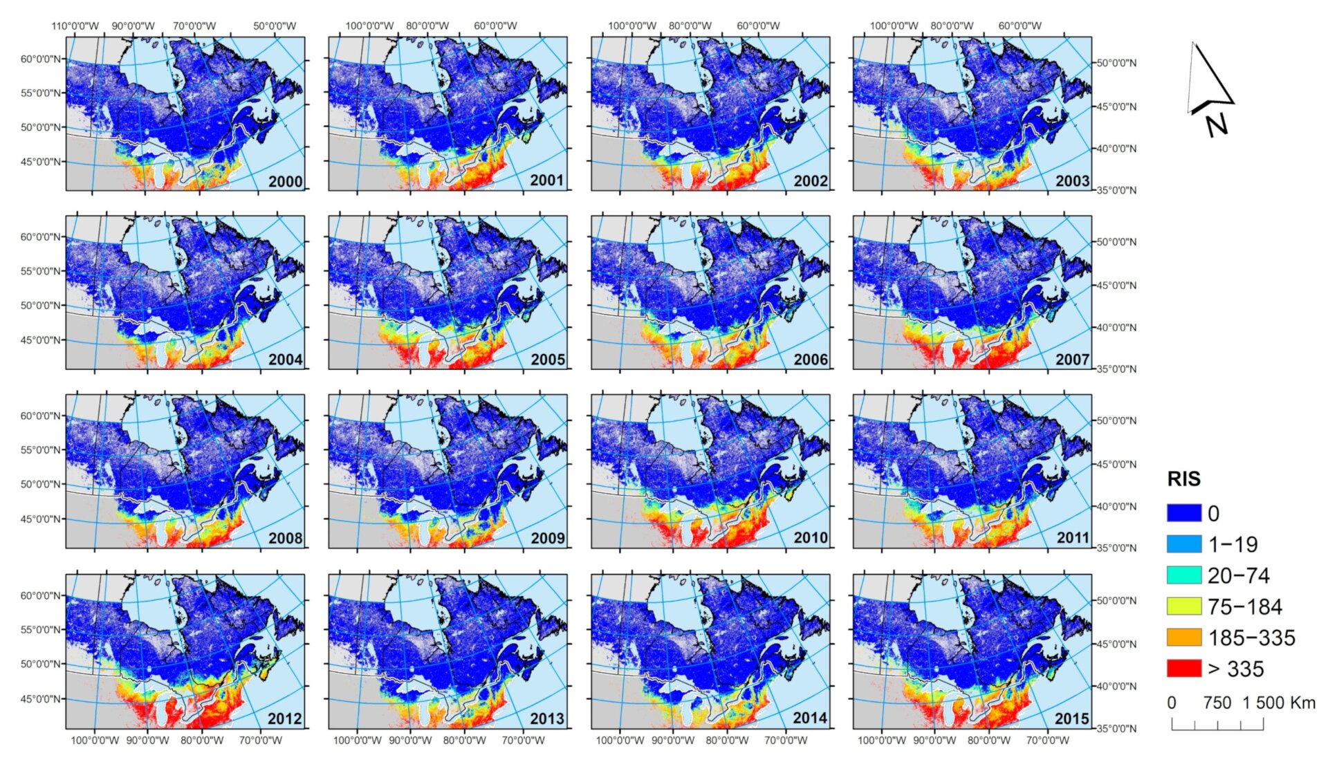 Though still uncommon in Canada, this recent study suggests that people’s risk of contracting Lyme disease has steadily grown over the years in Central and Eastern Canada. Red areas represent the highest risk. 