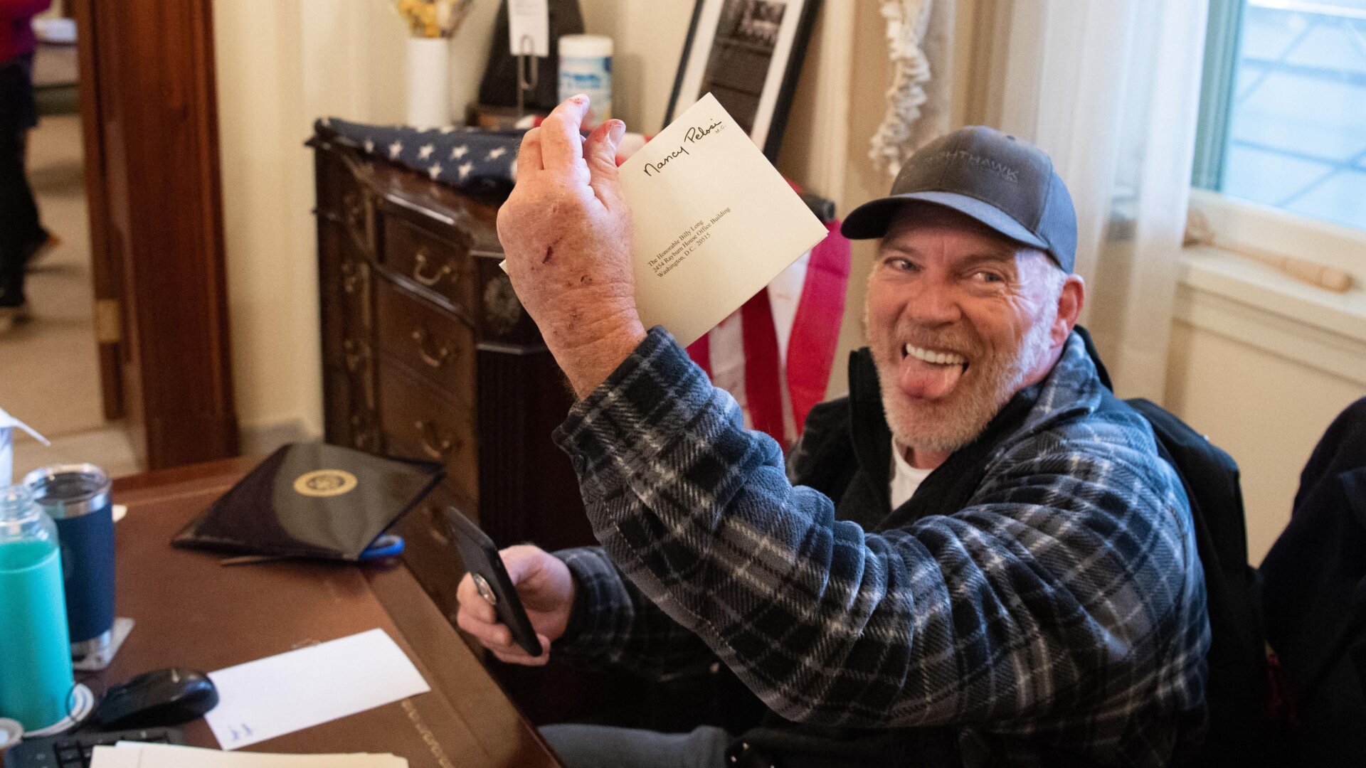Richard “Bigo” Barnett, seen here after breaking into Speaker of the House Nancy Pelosi’s office during riots at the Capitol on June 6.