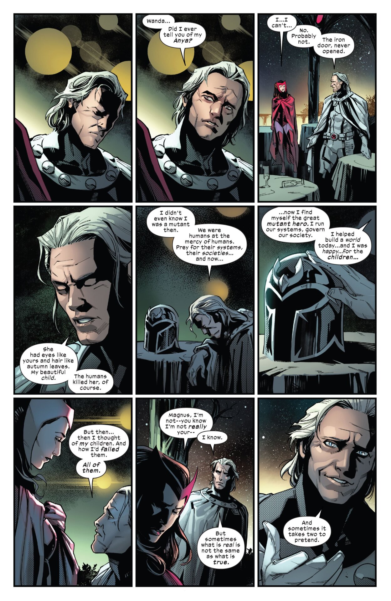 Magneto having a heart-to-heart with the Scarlet Witch, his daughter.