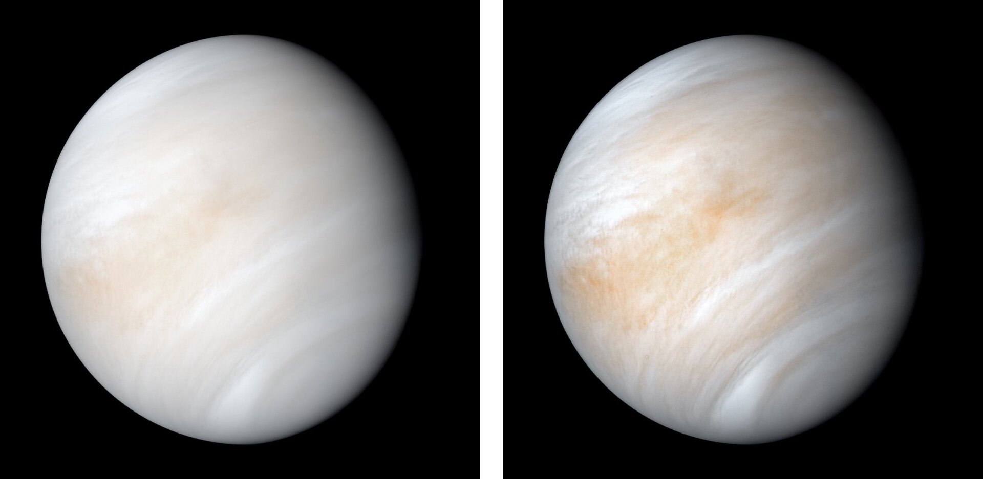 An image of Venus taken by Mariner 10 in 1974 (left) and a recently enhanced version of the same image (right).