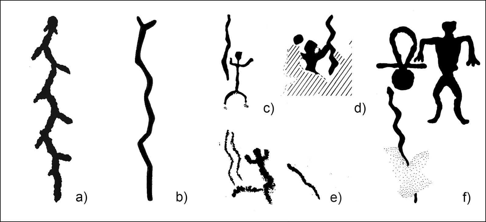 Rock art from the same time and region depict human figures carrying snake-like objects. 