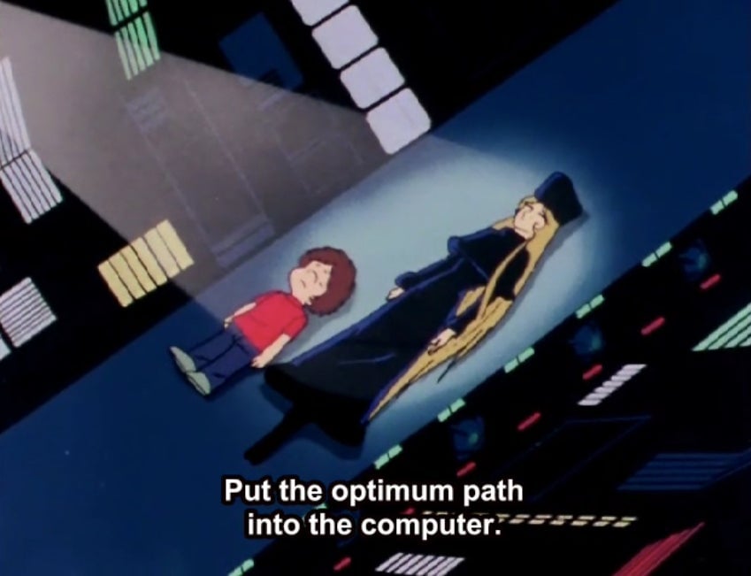 Tetsuro and Maetel being processed by the Cleaningless Committee.