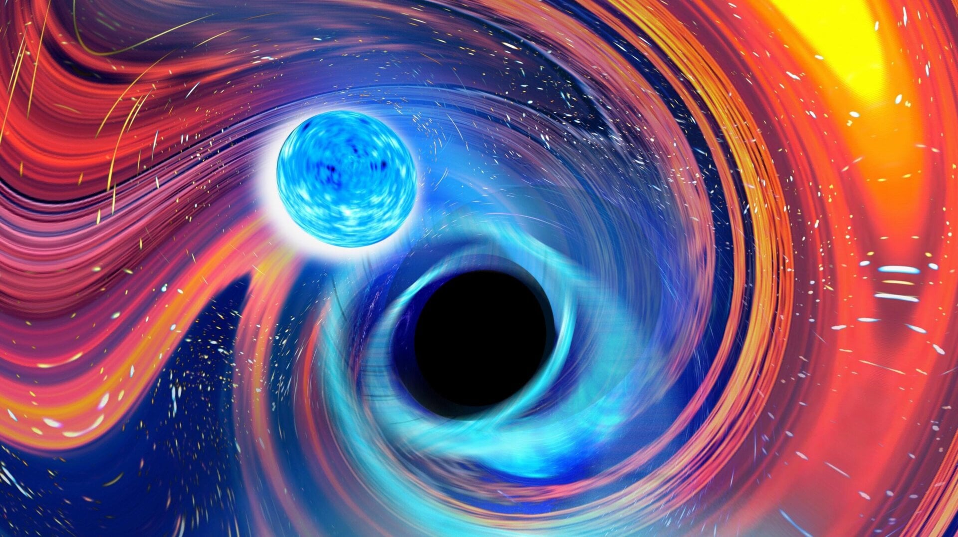 An artist’s depiction of a black hole engulfing a neutron star.
