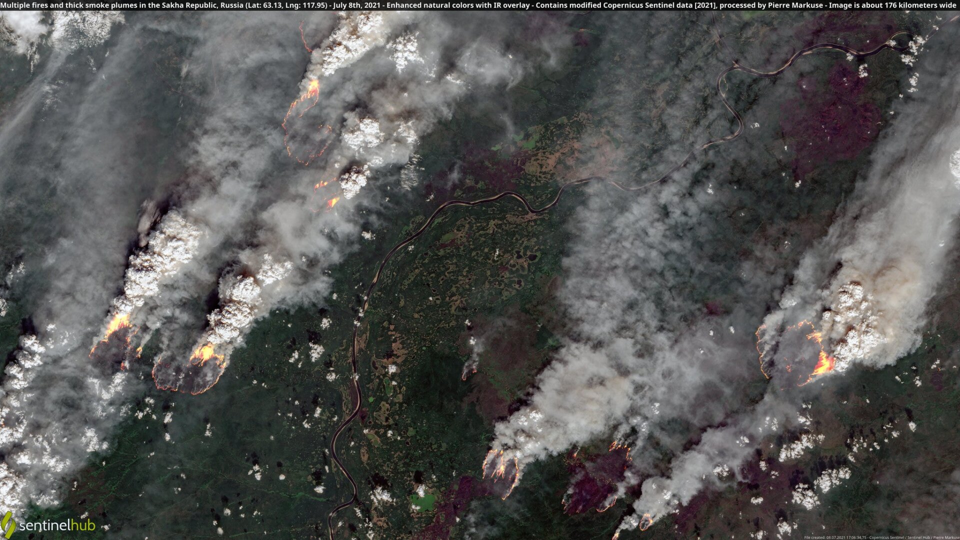 Multiple fires and thick smoke plumes in the Sakha Republic, Russia.