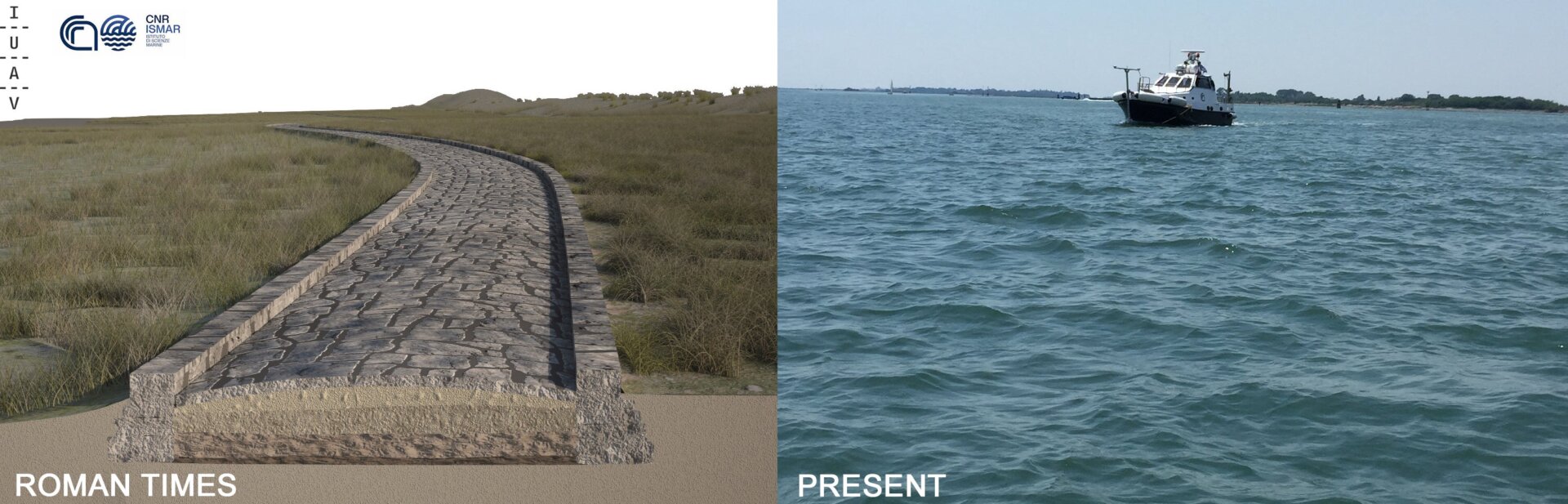 A reconstruction of how the road may have looked in Roman times (left), and the site today (right).