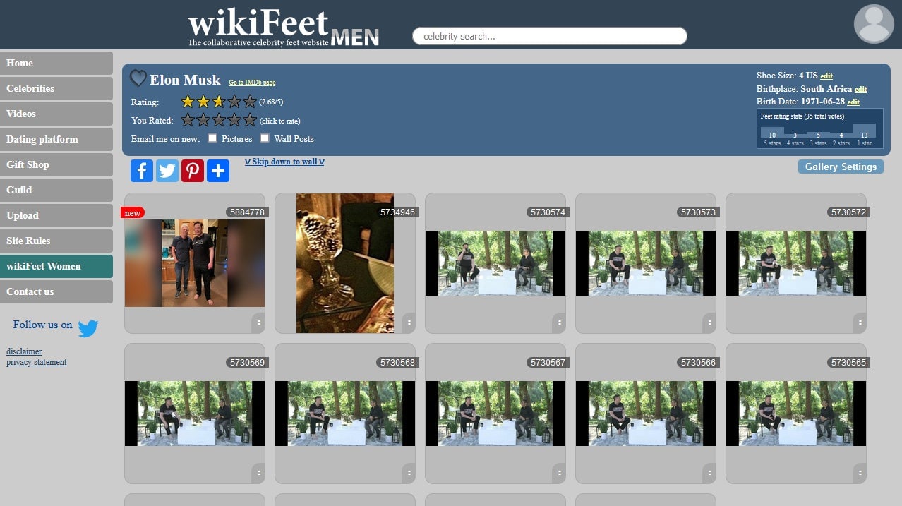 Elon Musk’s page on WikiFeet, the “collaborative celebrity feet website.”