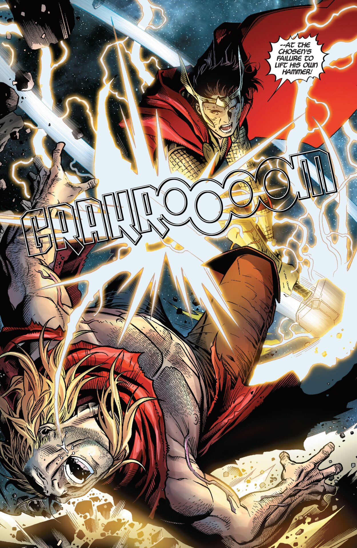 Loki fighting Thor with Mjolnir.