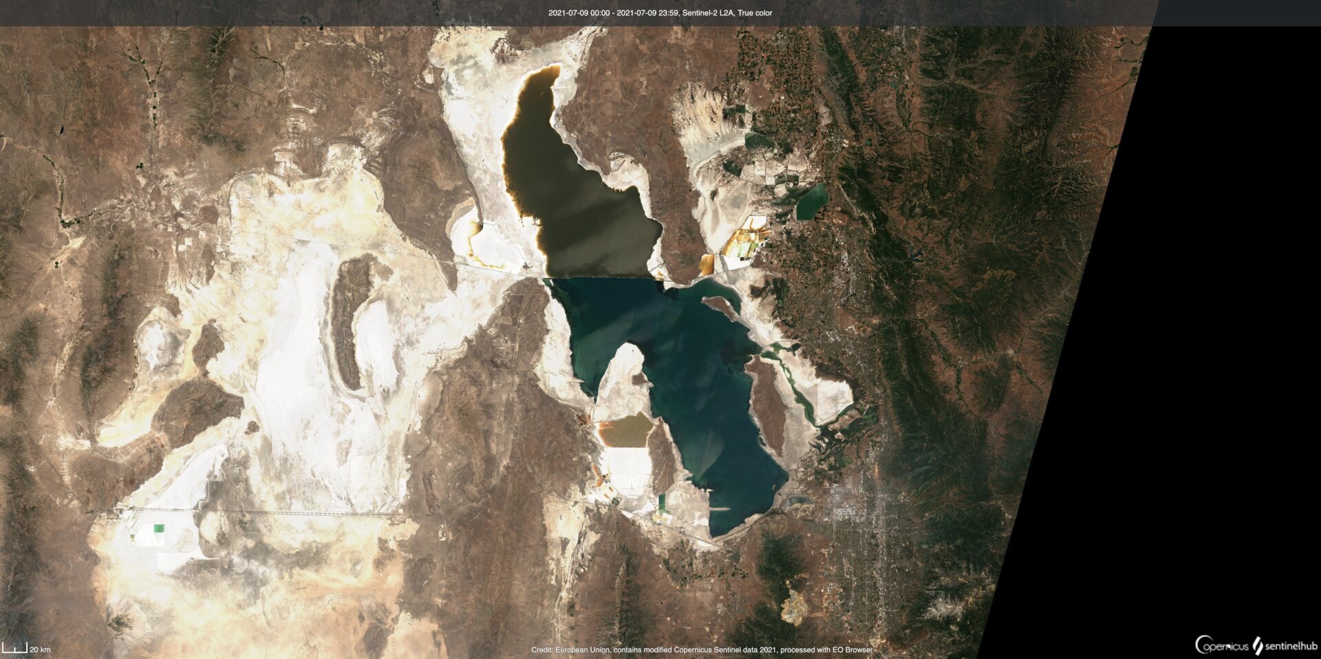 A satellite image of the Great Salt Lake captured on July 9, 2021. 