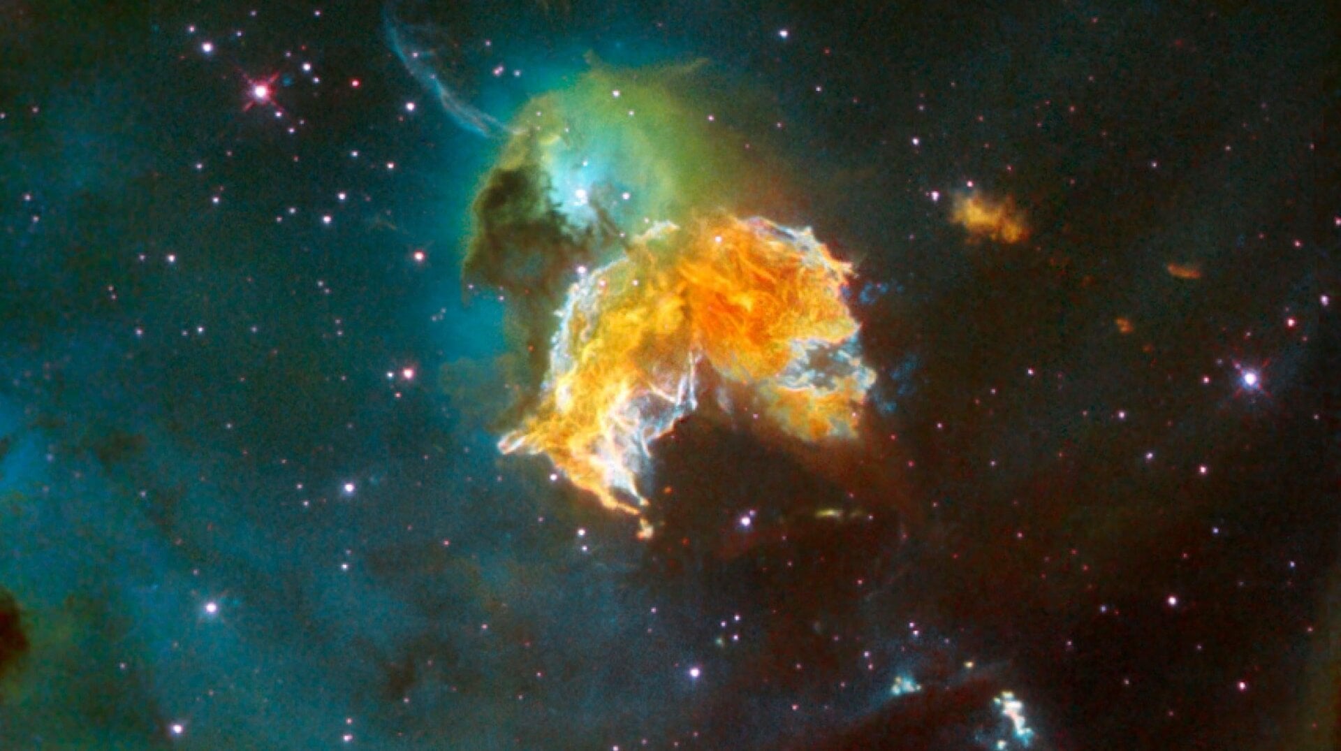 The supernova remnant N 63A, captured in an image from the Hubble Space Telescope. This is an example of the kind of cosmic explosion that produces heavy elements.