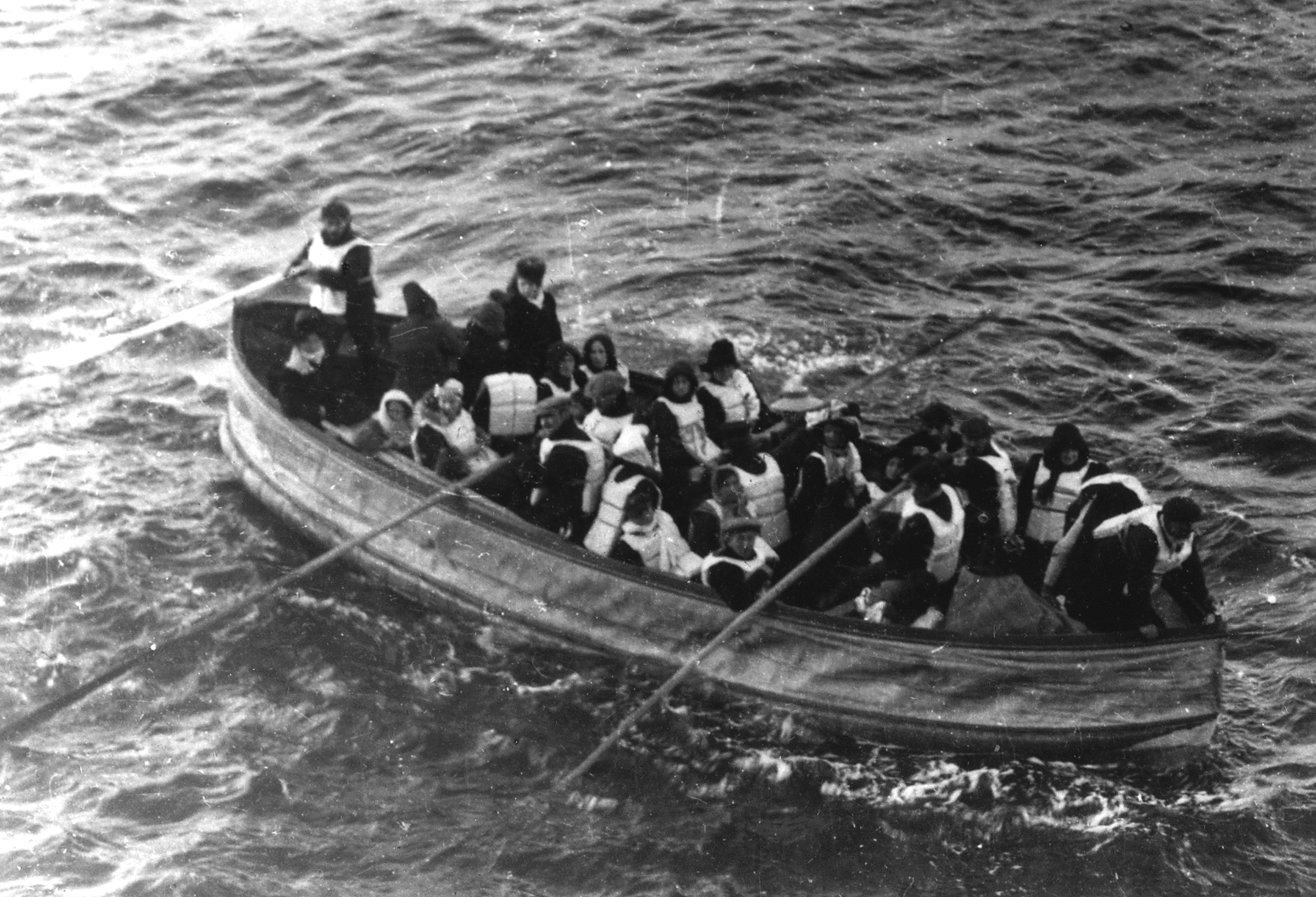 The last lifeboat launched from the Titanic. This photo was taken by a passenger on the vessel Carpathia, which rescued hundreds of survivors.