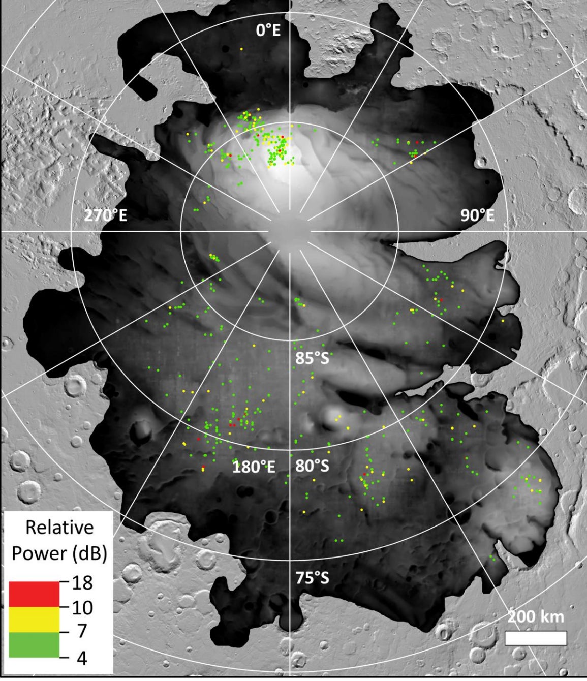 A radar image of bright spots under the Martian south pole, which were interpreted by some as evidence of liquid water.