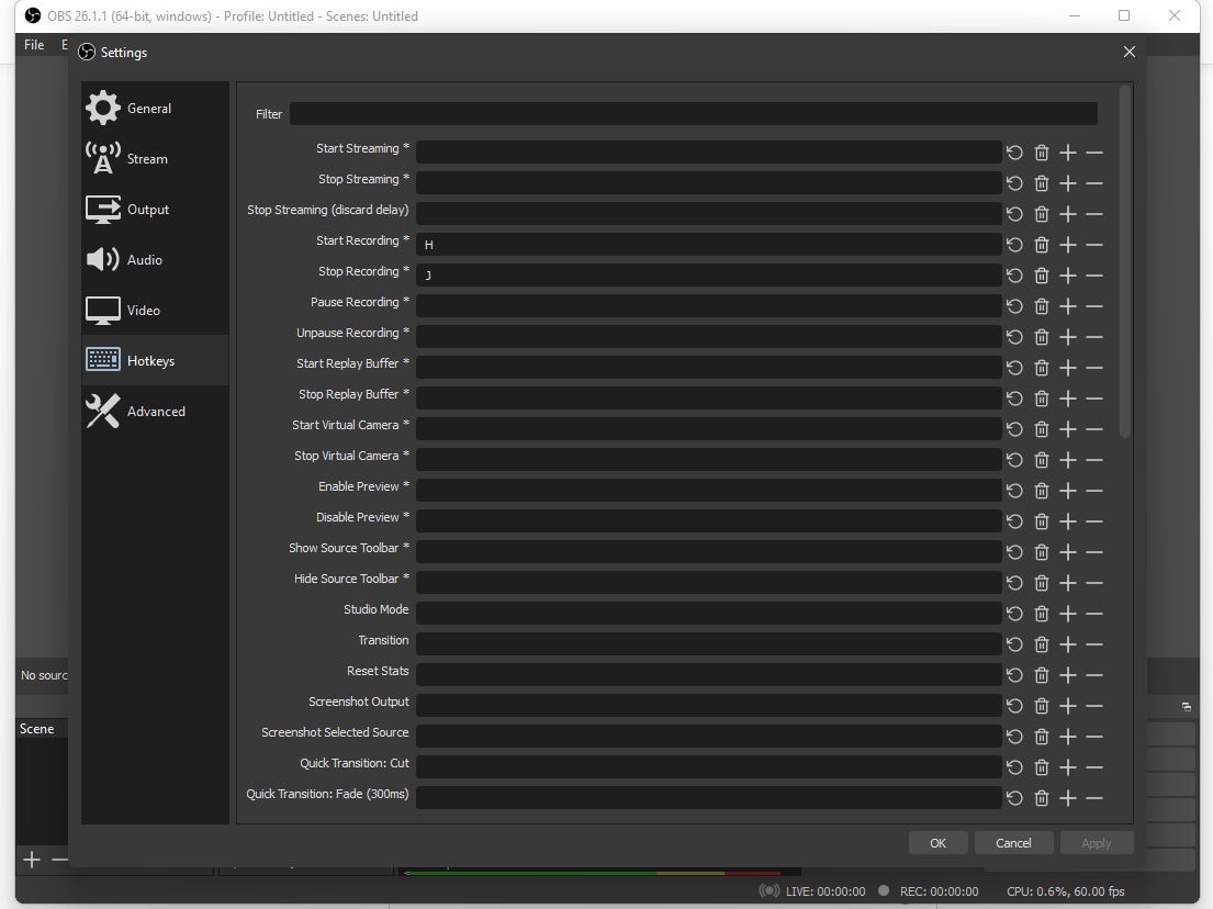 The hotkey menu of OBS Studio.
