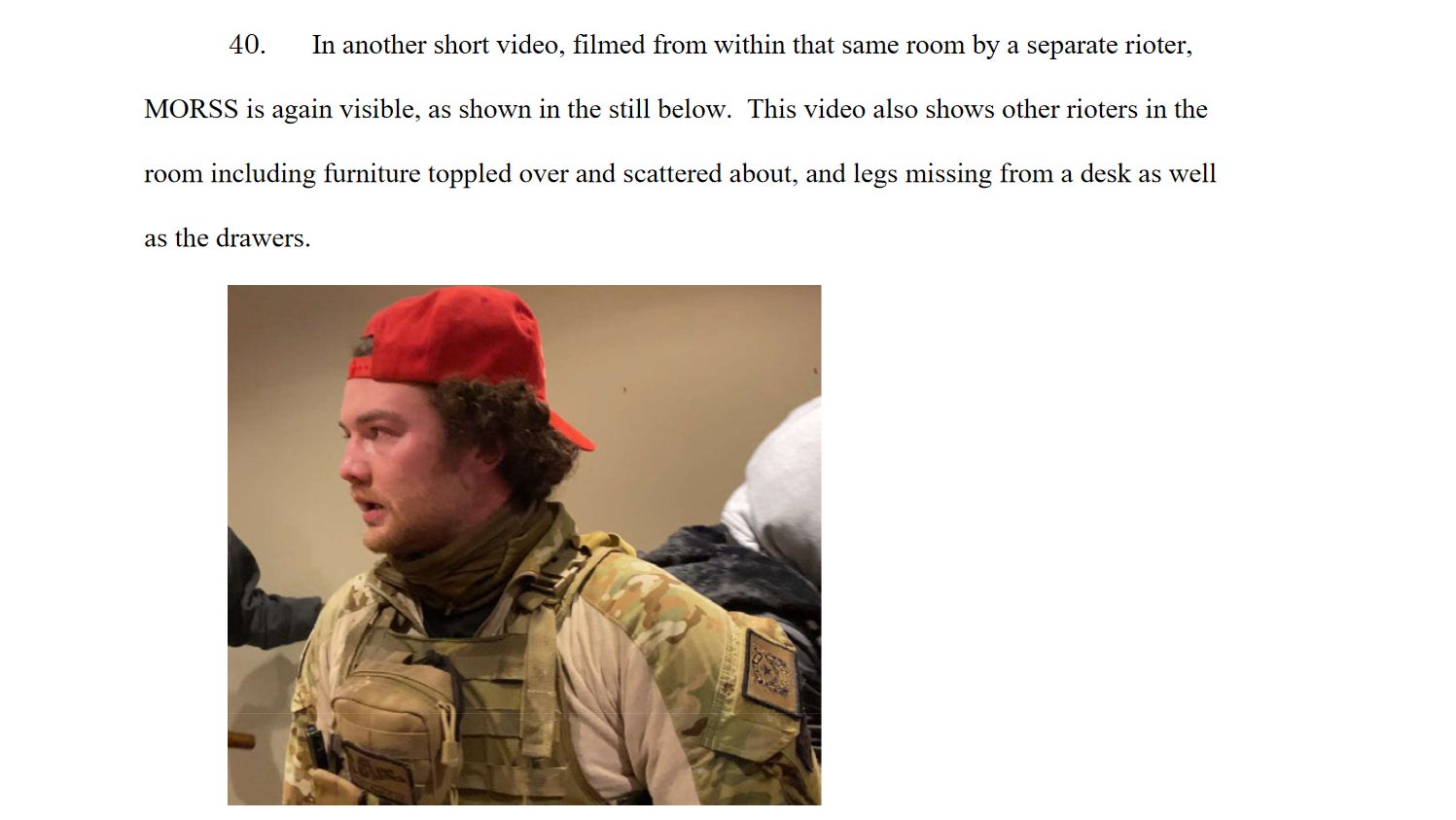 A screenshot of an FBI affidavit supporting the criminal complaint against accused Capitol rioter Robert Morss.